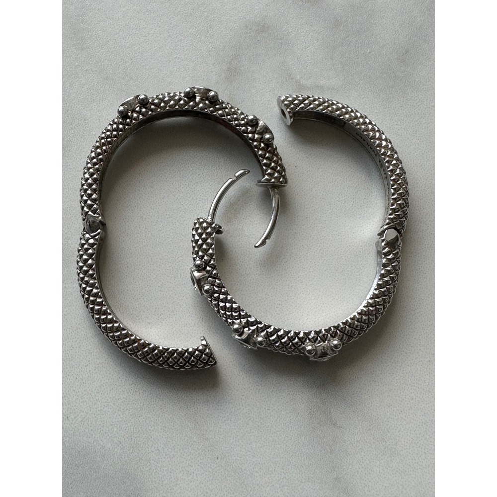 Judith Ripka 925 Sterling Silver CZ Berge Textured Hinged Hoop Earrings Thailand